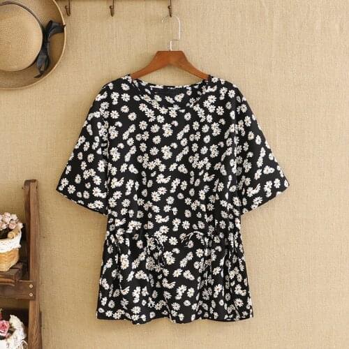 Plus Size Shirts O-Neck Little Daisy Print Cotton Fabric Short Sleeves Large Size Summer Cholting For Fatlady Tops In Summer