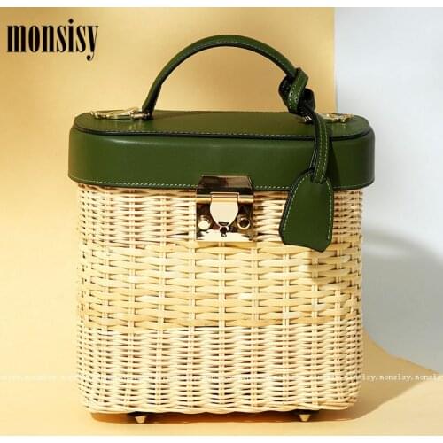 Monsisy Rattan Bag For Women 2021 Genuine Leather Hand-Woven Bag Totes Summer Bamboo Handbag Travel Top-Handle Beach Sac A Main