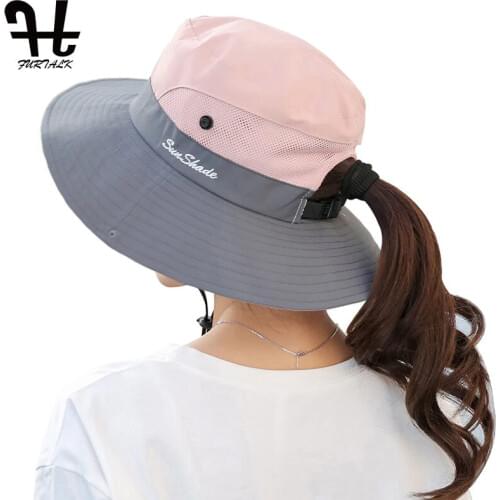 FURTALK Summer Sun Hat for Women Safari Hats Wide Brim UV Protection Cap Beach Outdoor Ponytail Cap chapeau femme 2019