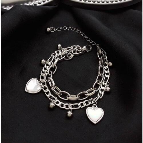 TIMEONLY Punk Double Layers Love Heart Charm Bracelet for Women Mujer Beaded Link Chains Bracelets High Street Jewelry
