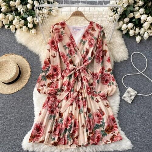Teeuiear slim v neck floral print bandage pleated midi Dress autumn party dress vestido de festa Women casual puff sleeve dress
