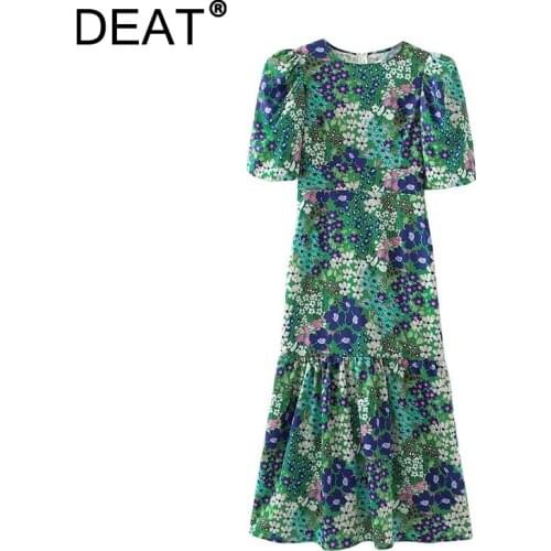 [DEAT] 2021 Summer New Fashion Tide Round Neck High Waist Knee-length Short Sleeve Printing Loose Elegant Dress Women 13Q957