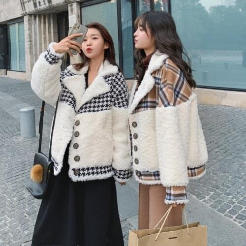Womens winter new Korean style loose short quilted wool coat stitching houndstooth fashion women winter coat wool 2020