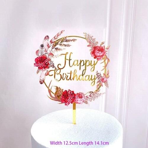 Flowers Acrylic Gold Cake Toppers Color Printing Artificial Happy Birthday Wedding Baby Shower Anniversary DIY Baking Supplies