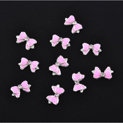 10pcs 3D Alloy Rhinestone Pink Bow Butterfly Charms Nail Art Decoration DIY Stickers Cute Nails Accessories Non-adhesive Sticker