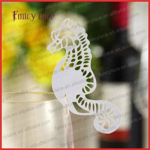 60PCS Hot Sale Party Decorations Laser Cutting Place Cards, Customized Wine Glasses Cards Sea Horse Shaped Paper Party Decor