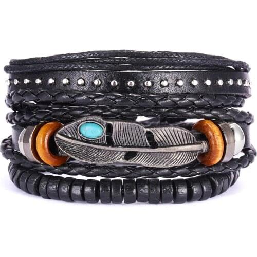 3pcs Fashion Punk Metal Leaf Charm Male Mens Leather Bracelet Vintage Cuff Wooden Beads Women Bracelets Men Female Jewelry Gift