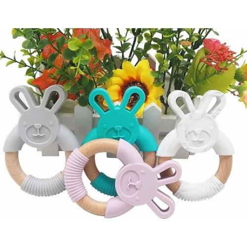 Chenkai 5PCS Rabbit Silicone Wooden Teether Baby Animal Teether For DIY Baby Nursing Chewing Teether Chain Pendant Necklace Toy