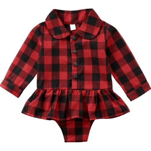Newborn Toddler Baby Girls Plaid Romper Long Sleeve Jumpsuit Dress Tops Outfits Baby Clothing