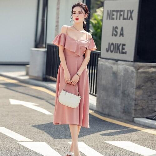 Summer Mid-length Dress V-neck Ruffle Casual Dresses Sexy Strapless New Dress 2021 Vacation Clothes For Women pink dresses