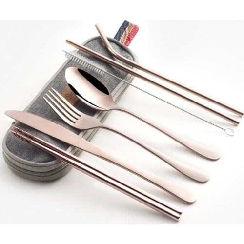 Dinnerware Set Travel Camping Cutlery Set Reusable Silverware with Metal Straw Spoon Fork Chopsticks and Portable Case