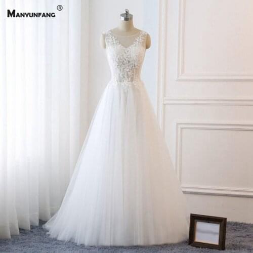 Real Photo 2021 New Arrival Sleeveless O-Neck Embroidery Appliques Tulle A-Line Wedding Dress Elegant Court Train Backless Gown