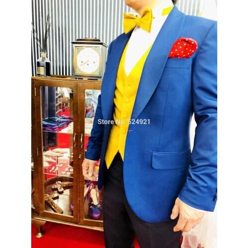 Newest Groomsmen Blue/Black/Yellow Groom Tuxedos Shawl Lapel Men Suits Wedding Best Man 3 Pieces ( Jacket+Pants+Vest+Tie ) C868