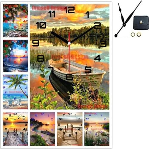 New style 5d diamond painting with clock beach and tree diamond mosaic 5d diamond embroidery sale with clock decoration home