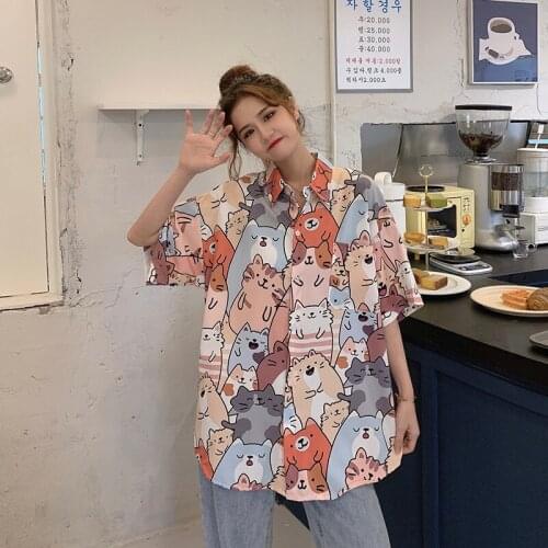 Short Sleeve Chiffon Cartoon Print Harajuku Blouses Turn Down Collar Sweet Summer Women Shirt Korean Loose Female Tops Blusas