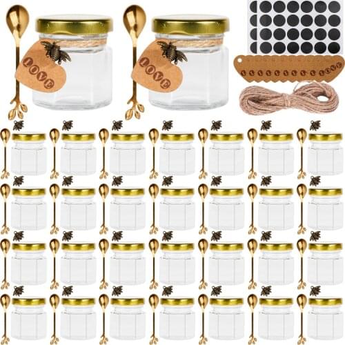 15Pack 45ml Hexagon Mini Glass Honey Jars with Dipper Lids Bee Pendants Jutes Perfect for Baby Showers Wedding Party Favors