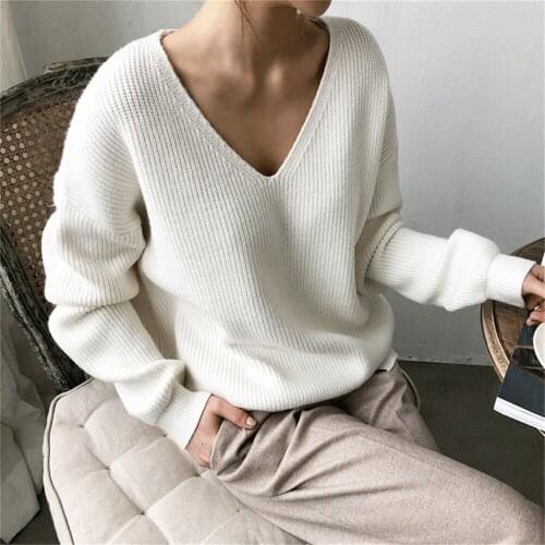 Long Sleeve Loose Knitted Cashmere Top Womens Sweaters 2020 Autumn Winter Casual V Neck Women Pullover Sweater Solid