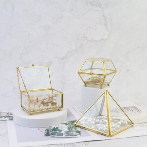 Vintage Golden Glass Lidded Box Decorative Jewelry Keepsake Display Organizer Clear Rectangle Box Rings Bracelet A24 21 Dropship