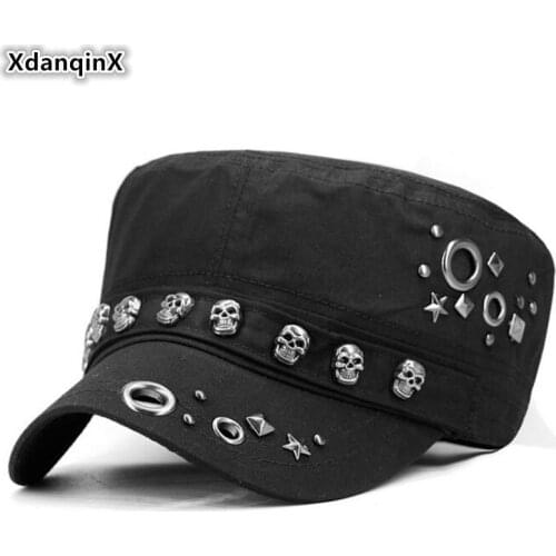 XdanqinX 2020 New Punk Style Men Flat Cap Army Military Hats Novelty Skull Stud Brand Hat Mens Fashion Tongue Caps Snapback Cap