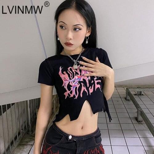 LVINMW O Neck Short Sleeve Irregular Printed Cropped Top Black Slim Casual Gothic Asymmetric Woman T Shirts Summer Tops Women