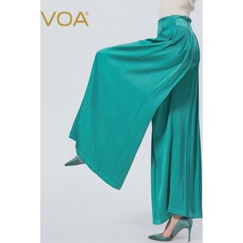 VOA 40m/m Heavy Silk Satin Lake Blue Wood Ears Natural Waist Side Pocket Organ Pleats Supple Wide-leg Women Pants KE580