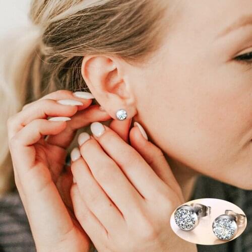 Cubic Zirconia Round Stud Earrings for Women 8MM, Stainless Steel Metal Bohe Simple Jewelry