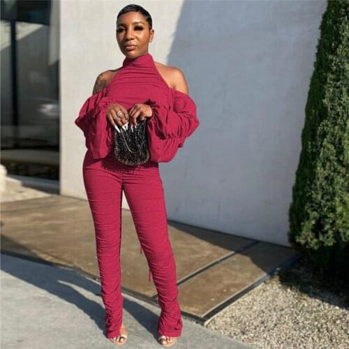 FUFUCAILLM Women Tracksuit Two-piece Outfit Solid Color Lantern Sleeve Strapless Halter Top + Bell-bottomed Pants Hot 2PCS Set