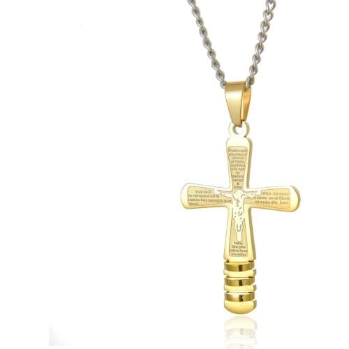 Gold Cross Pendant Necklaces Jesus Bible Stainless Steel Necklace for Men Boy Religious Male Jewelry