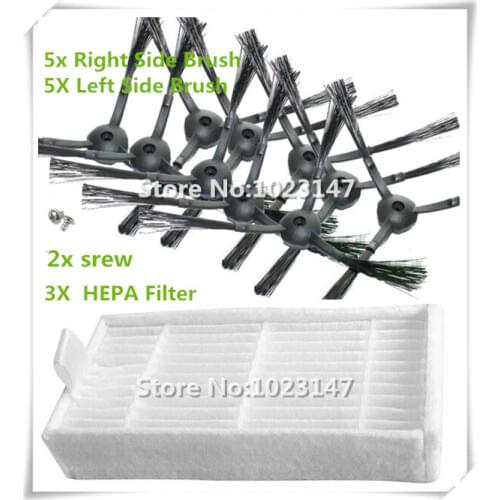10 pieces(5x Right Side Brush +5x Left Side Brushes) + 2 srew and 3 pcs Hepa filter for Panda X500 ECOVACS Robot X500 X580 CR120