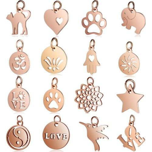 5pcs/lot Rose Gold Color OM DIY Charms Wholesale 100% Stainless Steel Heart Dog Paw Charm Sun Star Hamsa Hand Jewelry Pendant