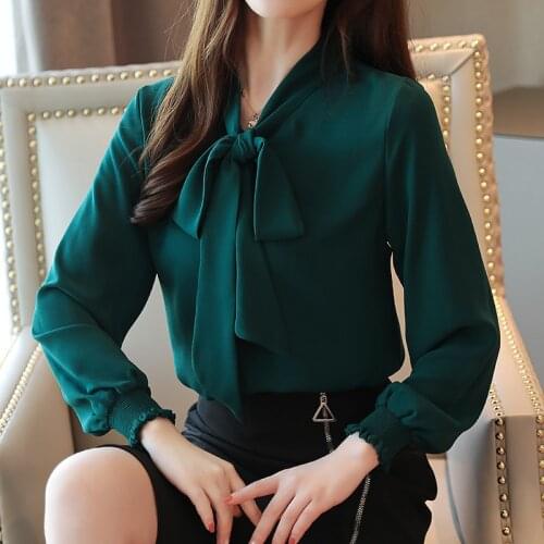 Blusas Mujer De Moda 2020 Bow Chiffon Blouse Solid Lantern Plus Size Tops Offfice Long Sleeve Korean Ladies Shirts Green 0392