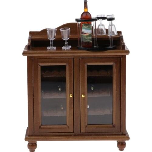 1/12 Dollhouse Double Doors Cabinet with Red Wine Rack and Glasses Vintage Style