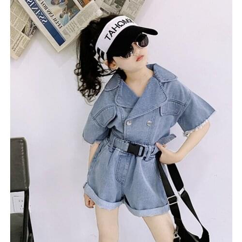 Baby Girls Denim Shorts Suits Short Sleeve Tops Belt Fashion Girls Summer Clothing Set