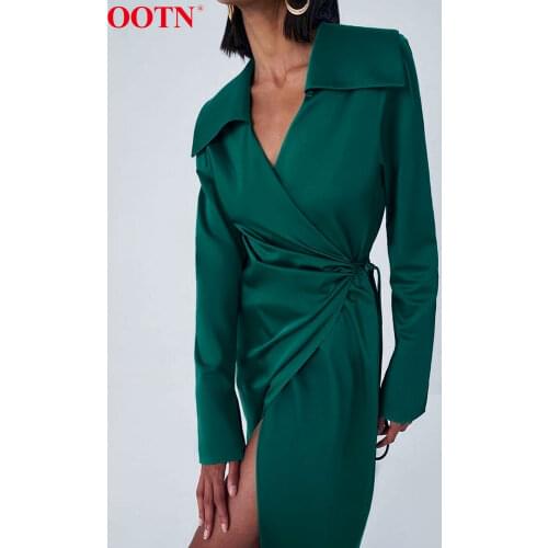 OOTN Office Lady V-Neck Satin Wrap Lace Up Elegant Long Dress Women Green Long Sleeve A-Line Mid-Cal Dresses Split High Waist