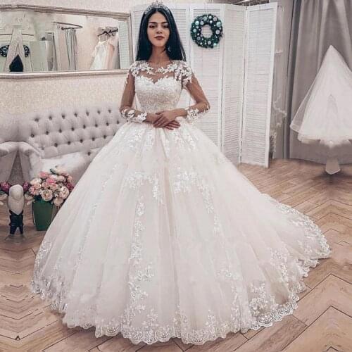 Elegant Lace Appliques Long Sleeves Ball Gown Wedding Dresses Bridal Gowns Celebrity vestido de noiva 2020 robe de mariee