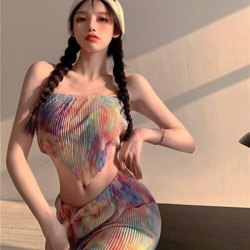 Sexy Two Piece Set Women Folds Tie Dye Tube Top And Pants Thin Drape Wide-Leg Floor Trousers Navel Vest Soft Comfortable Fashion