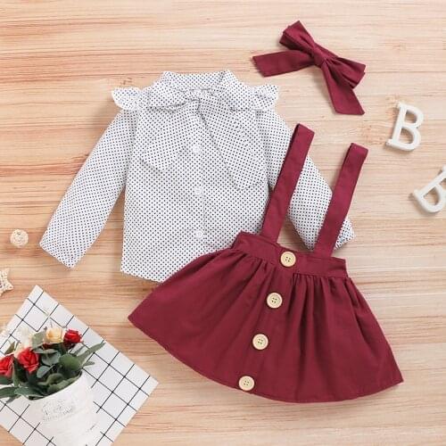 Baywell Toddler Girls Clothes Suit Spring Autumn Long-sleeved Polka-dot Printing Top + Solid Color Suspender Skirt + Hair Band