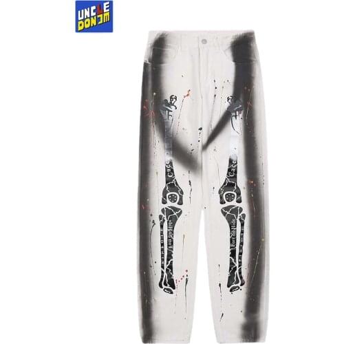 UNCLEDONJM Skeleton distressed jeans high street men designer jeans for men goth clothes hip hop biker jeans white jeans UC083
