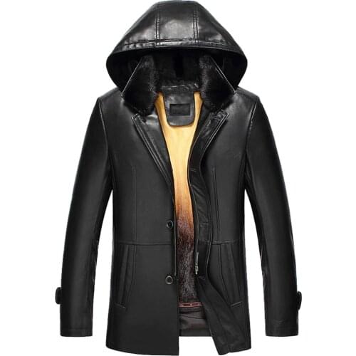 Mens Sheepskin Coat Detachable Hooded Black Mink Fur Coat Mink Fur Collar Rex Rabbit Fur Warm Winter Fur Jacket Trench Coat