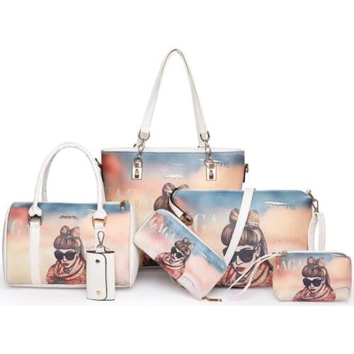 The new PU face six-piece suit womens large-capacity shoulder bag high-quality handbag fashion all-match printing messenger bag