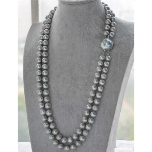VERY BEAUTIFUL 2 ROW SOUTH SEA AAA 9-10MM GRAY NATURAL PEARL NECKLACE 20"-21" >ePacket free shipping