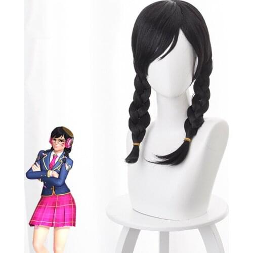 45cm OW Cosplay Wig DVA D.Va Third Anniversary Academy Skin Cosplay Wigs with 2 Pigtail Black Heorine Party Hair Props Halloween