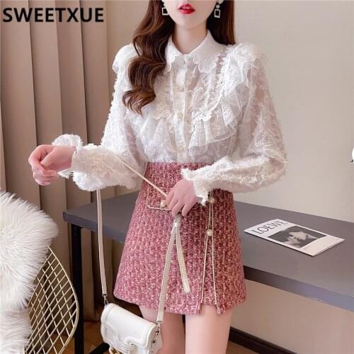 SWEETXUE Temperament Lace Fringed Ruffled Top + High Waist Pleated Woolen Skirt Suit Women Fashion Outfits Lady