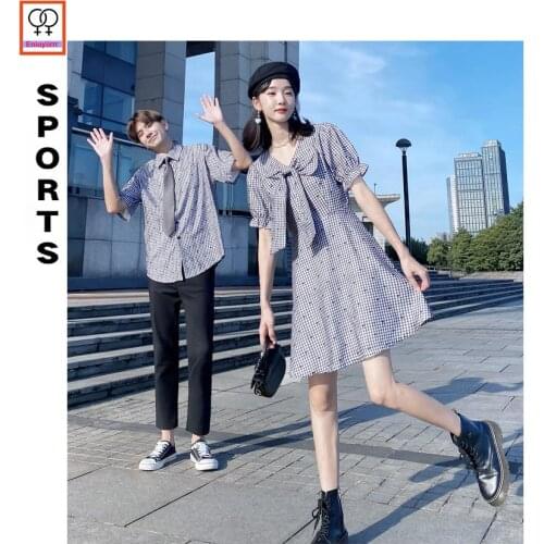 Matching Couple Clothes Outfits Male Female Lovers Holiday Valentines Girls Bow Tie Ruffles Plaid Shirt Dress 2021