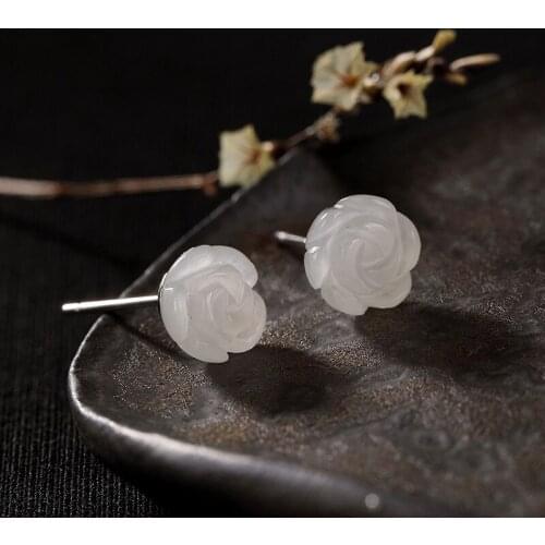 Natural 925 sterling silver inlaid hetian jade rose flower retro earrings jewelry simple individuality for women