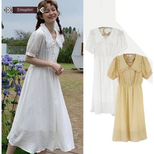 Chiffon Dresses Long Hot Sales Woman Fashion Korea Japan Style Design Slim Elastic Waist A Line Button Shirt Dress White Yellow