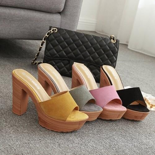 Wooden Block heel slippers ladies summer platform shoes femme flipflops thick bottom loafers flock fish mouth beach slides women