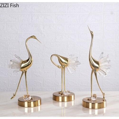 Fairy Crane Copper Figurine Crane Crystal Sculpture Desktop Decoration Modern Home Decor Crafts Ornaments Gifts for Children
