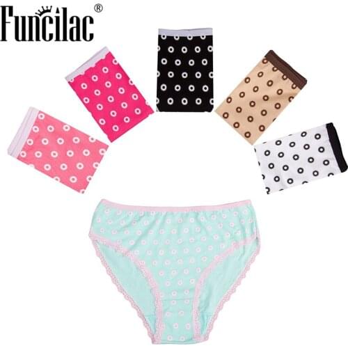FUNCILAC Womens Briefs Underwear Lace Dot Printed Cotton Plus Size Panties Seamless Knickers Intimates Mid Rise 5pcs/Lot