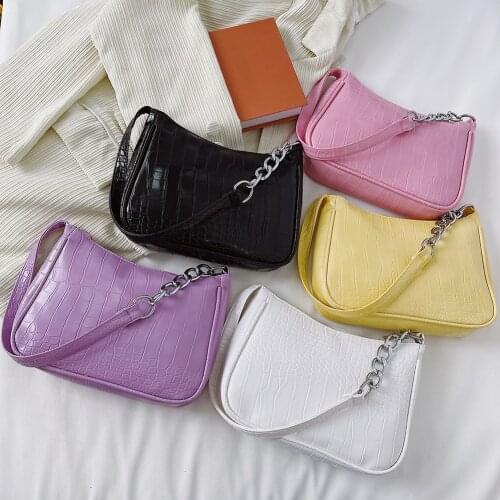 Vintage Women Pure Color Alligator Pattern PU Leather Shoulder Underarm Bag Casual All-match Ladies Chain Handbags Small Purses